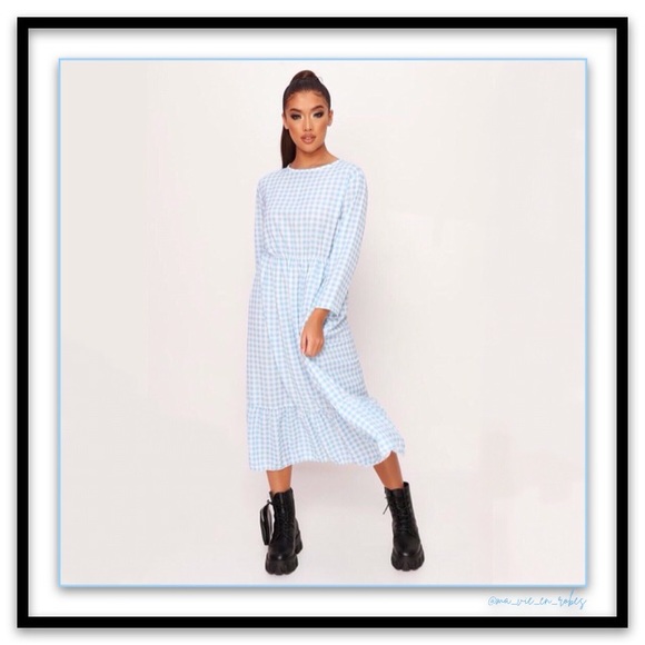 NWT Baby Blue Gingham Ruffle-Hem Midi Dress - Picture 1 of 10